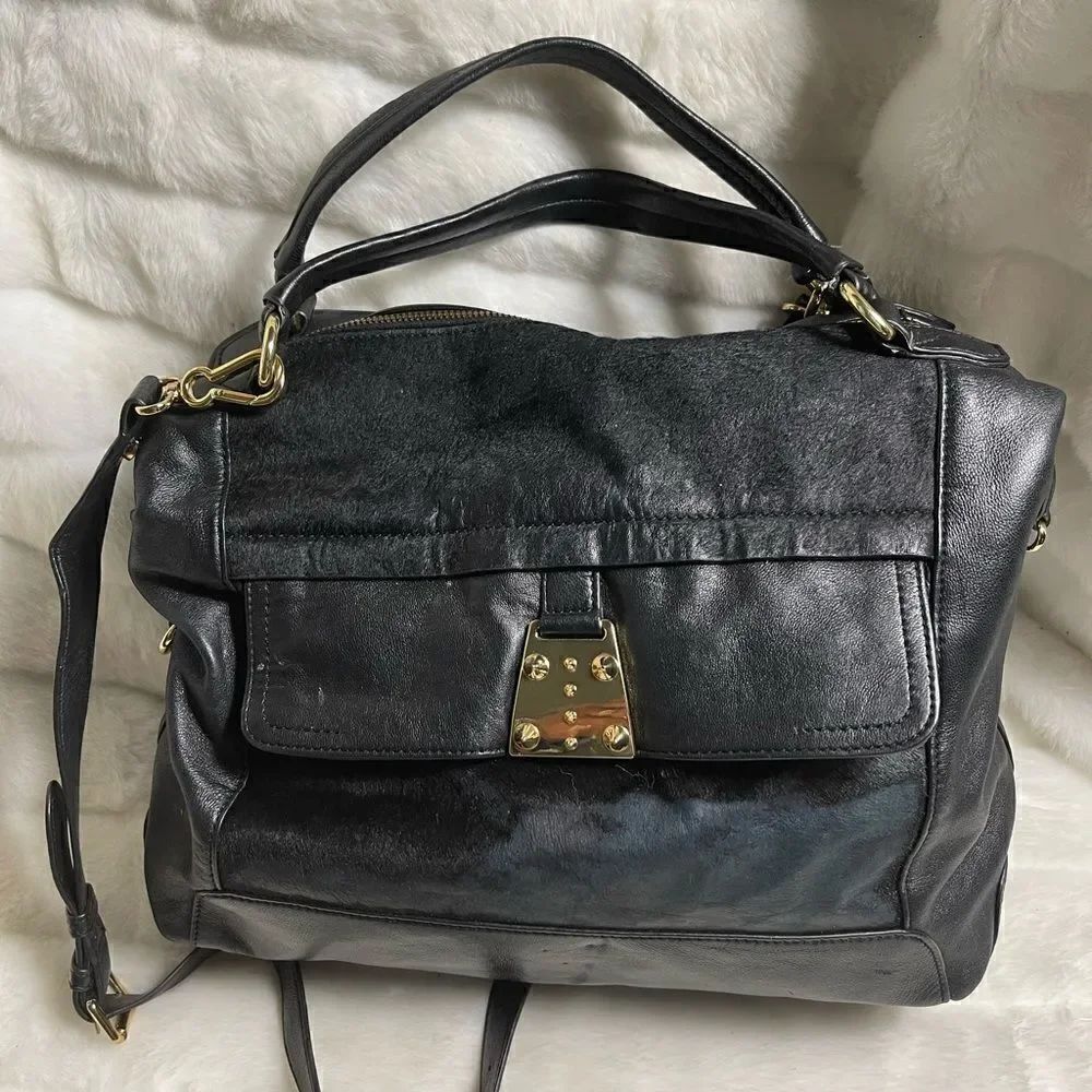 Vince Camuto black soft leather &calf hair Satchel/crossbody bag gold tone studs